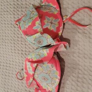 AERIE Bridget Hot Neon Pink Bikini Top Tribal Print Yellow White Light B…